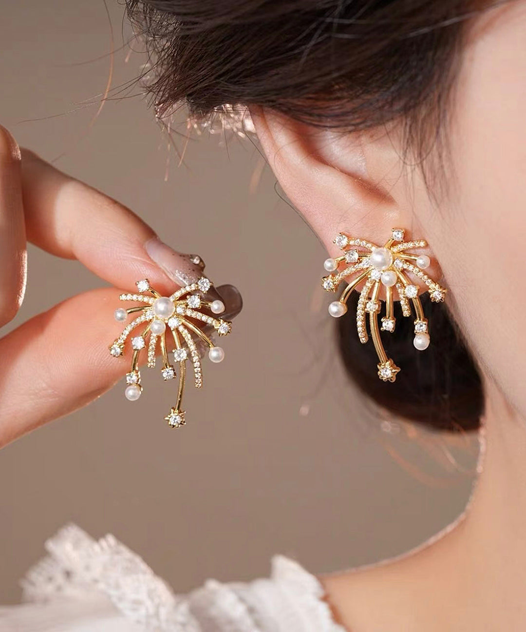 Stylish Gold Copper Overgild Zircon Fireworks Pearl Stud Earrings