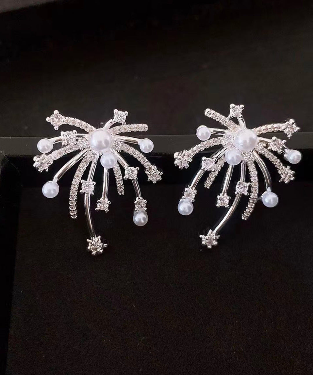 Stylish Gold Copper Overgild Zircon Fireworks Pearl Stud Earrings