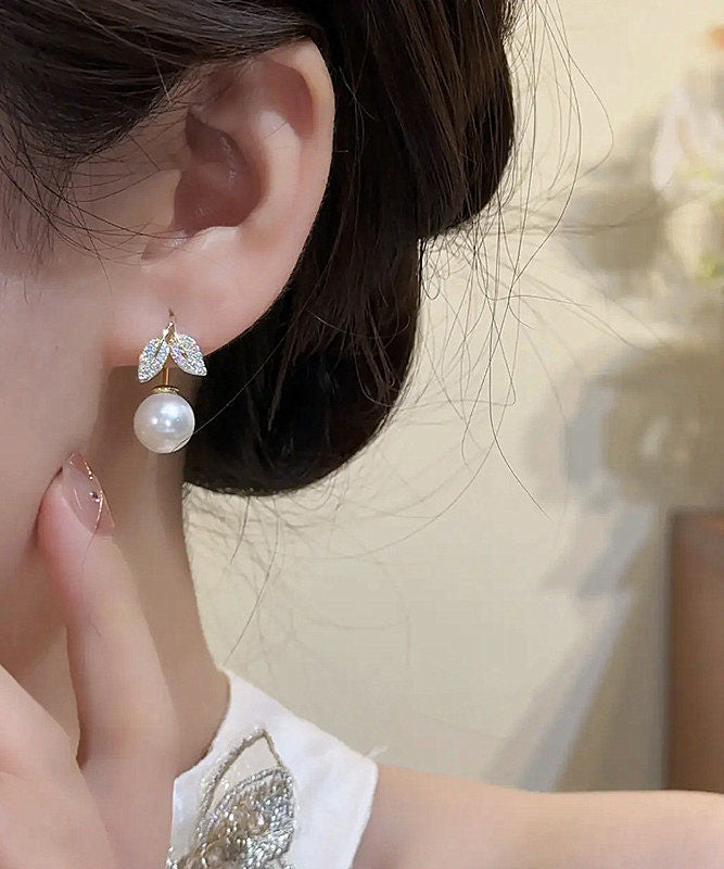 Stylish Gold Copper Overgild Zircon Leaves Pearl Drop Earrings