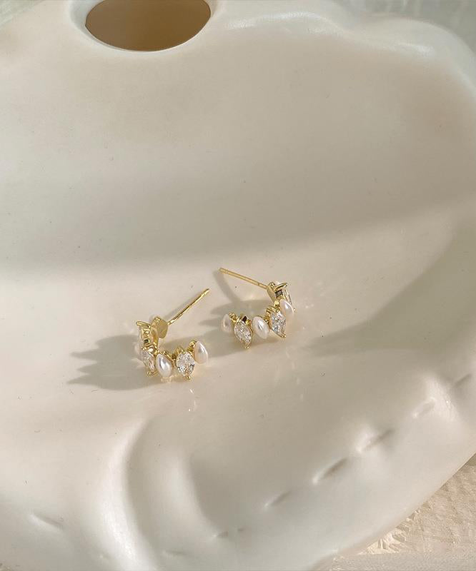 Stylish Gold Copper Zircon Pearl C-Shaped Hoop Earrings
