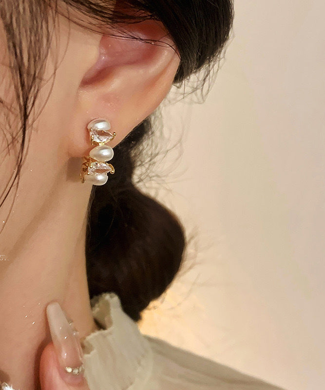 Stylish Gold Copper Zircon Pearl C-Shaped Hoop Earrings