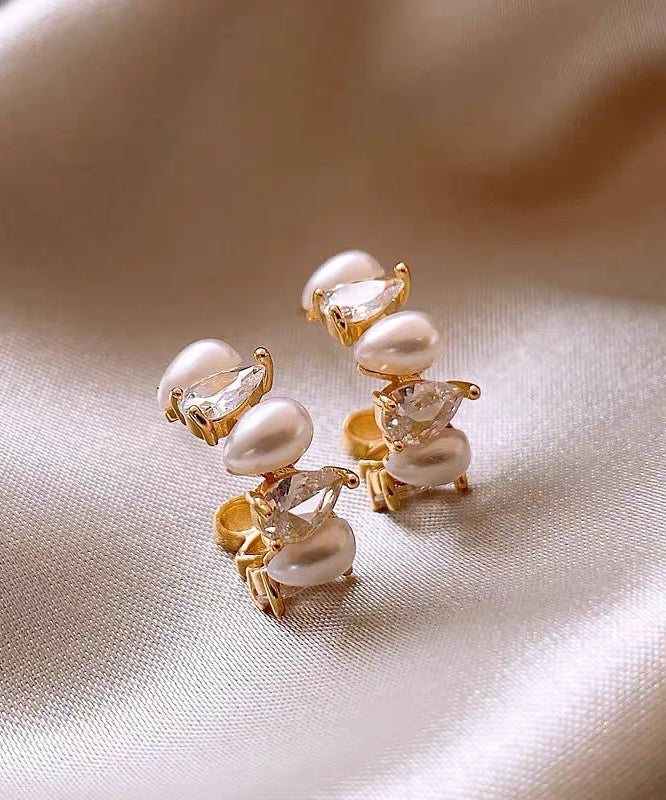 Stylish Gold Copper Zircon Pearl C-Shaped Hoop Earrings