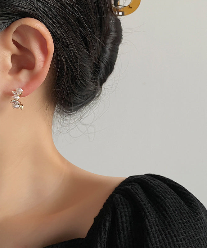 Stylish Gold Copper Zircon Pearl C-Shaped Hoop Earrings