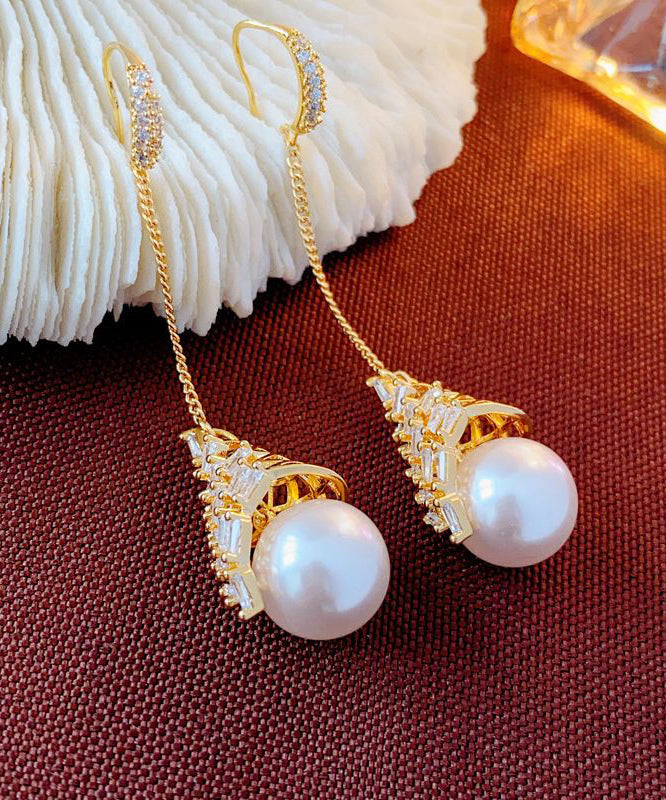 Stylish Gold Copper Zircon Pearl Tassel Drop Earrings