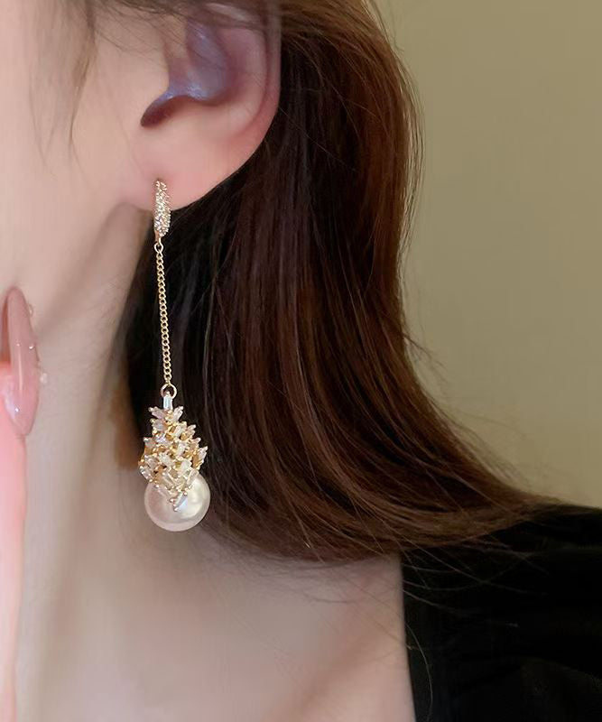 Stylish Gold Copper Zircon Pearl Tassel Drop Earrings