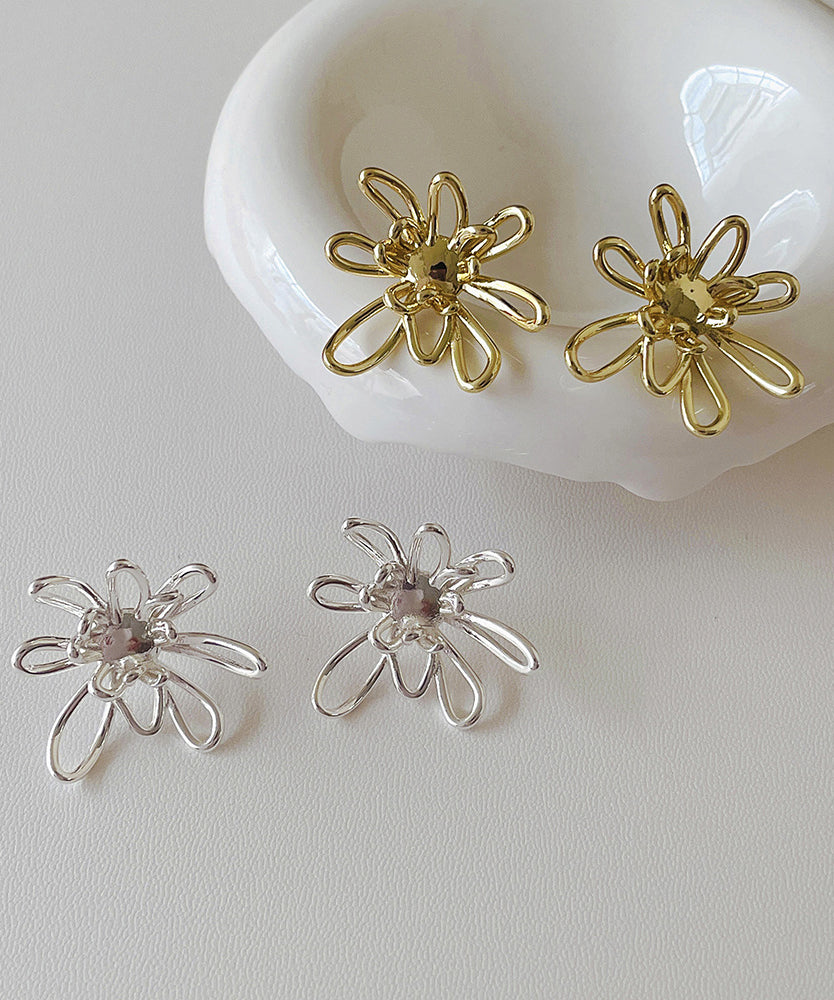 Stylish Gold Metal Alloy Hollow Out Floral Stud Earrings