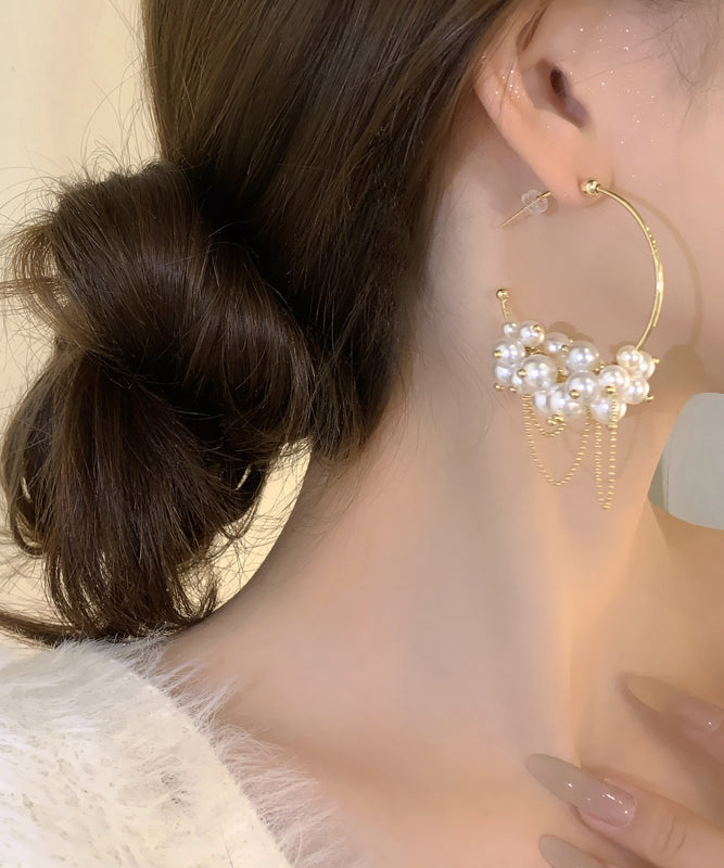 Stylish Gold Metal Overgild Pearl Tassel Hoop Earrings
