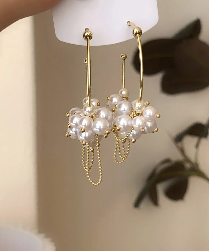 Stylish Gold Metal Overgild Pearl Tassel Hoop Earrings