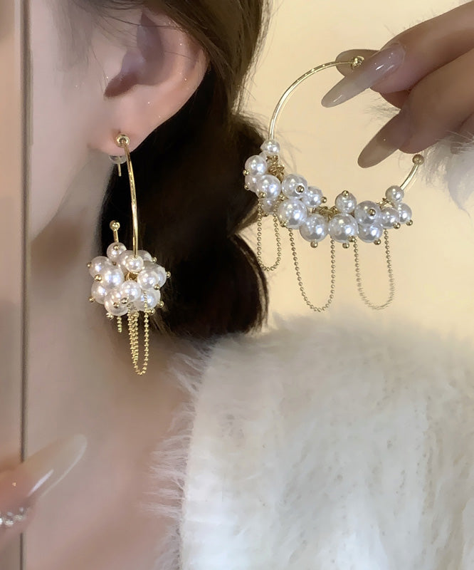 Stylish Gold Metal Overgild Pearl Tassel Hoop Earrings
