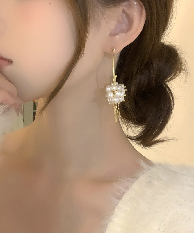 Stylish Gold Metal Overgild Pearl Tassel Hoop Earrings