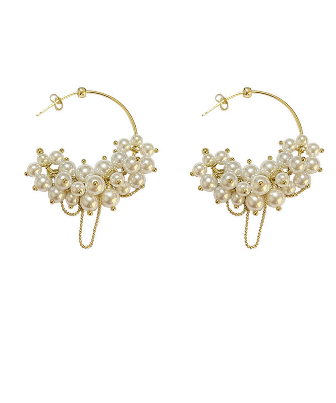 Stylish Gold Metal Overgild Pearl Tassel Hoop Earrings