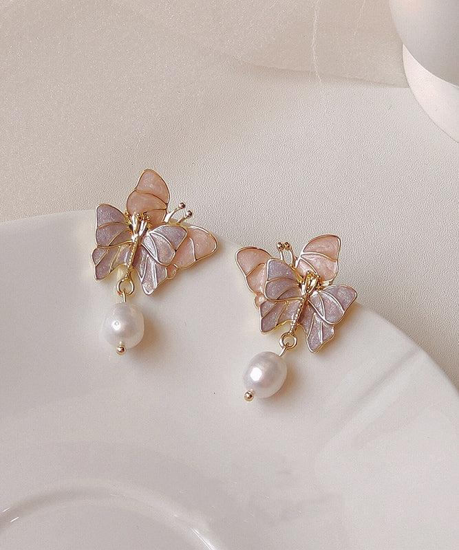 Stylish Gold Sterling Silver Alloy Pearl Butterfly Drop Glaze Drop Earrings