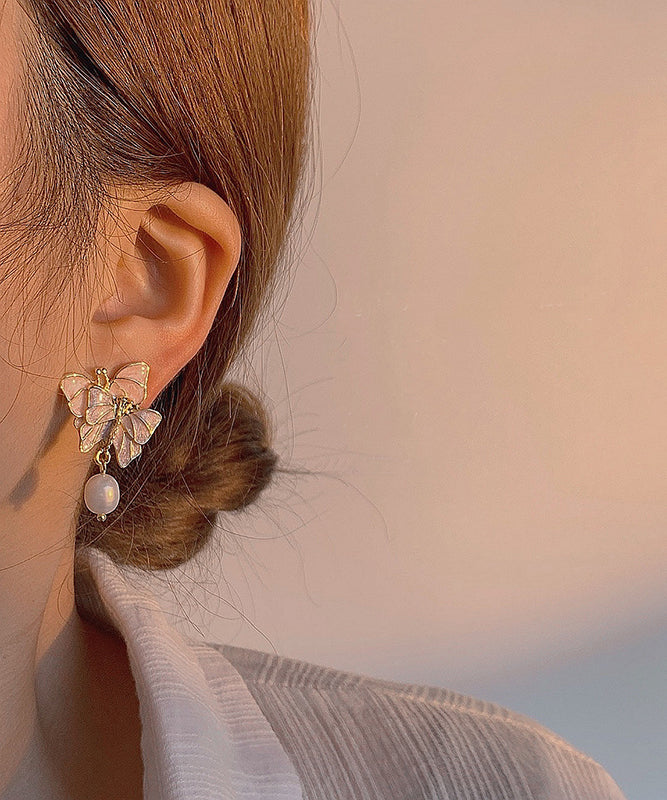Stylish Gold Sterling Silver Alloy Pearl Butterfly Drop Glaze Drop Earrings