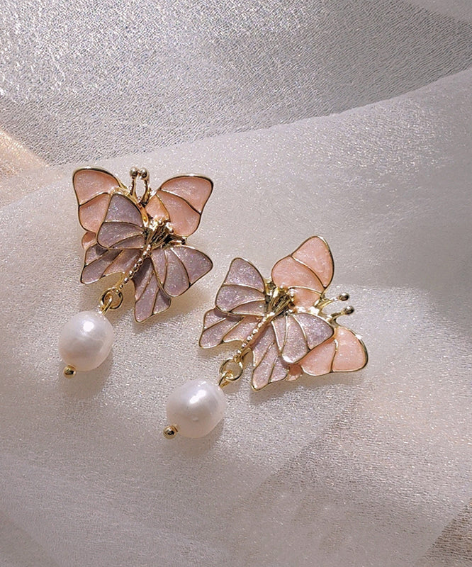Stylish Gold Sterling Silver Alloy Pearl Butterfly Drop Glaze Drop Earrings