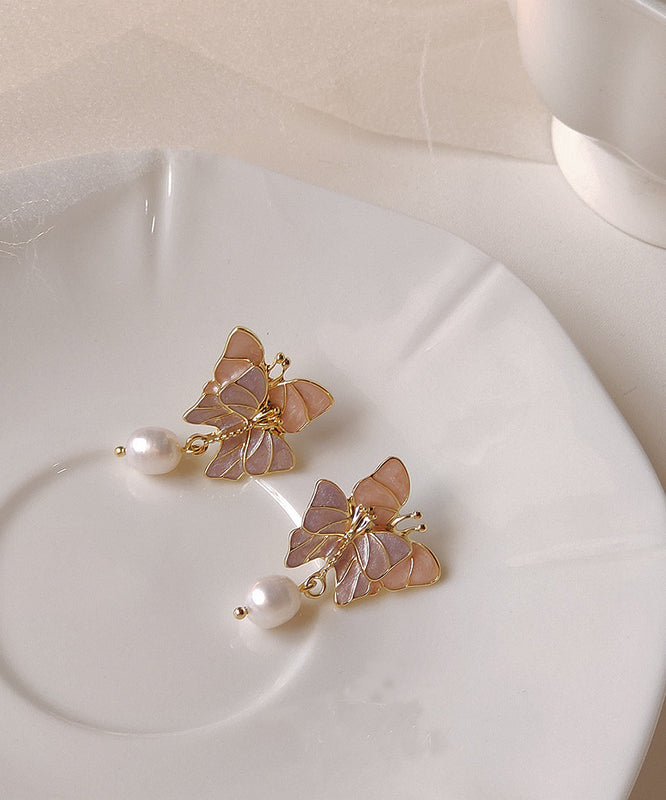 Stylish Gold Sterling Silver Alloy Pearl Butterfly Drop Glaze Drop Earrings