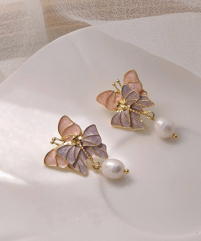 Stylish Gold Sterling Silver Alloy Pearl Butterfly Drop Glaze Drop Earrings