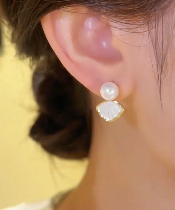 Stylish Gold Sterling Silver Overgild Pearl Shell Stud Earrings
