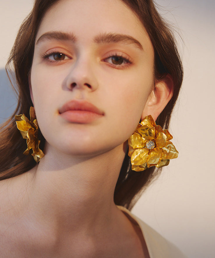 Stylish Golden Big Flower Metal Stud Earrings