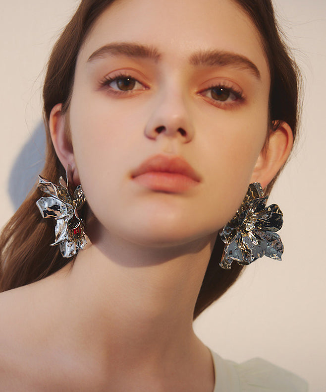 Stylish Golden Big Flower Metal Stud Earrings