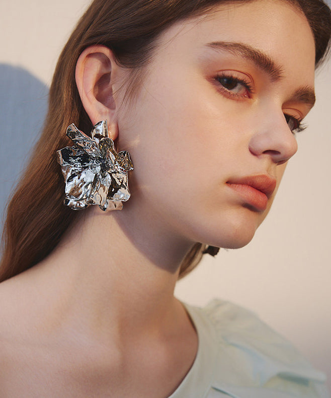 Stylish Golden Big Flower Metal Stud Earrings