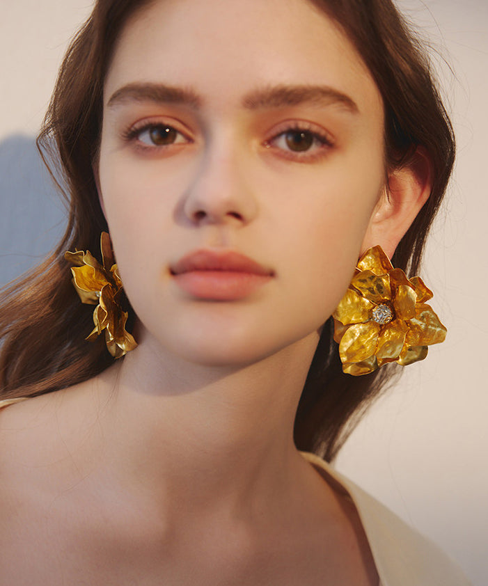 Stylish Golden Big Flower Metal Stud Earrings
