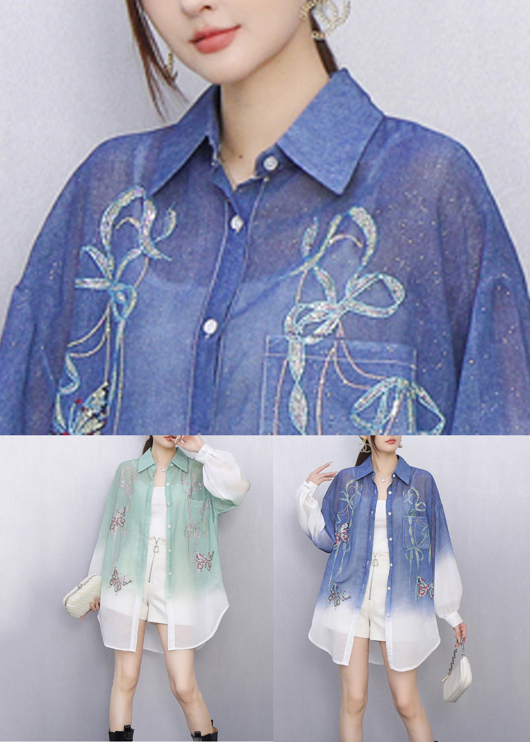 Stylish Gradient Blue Embroidered Button Shirt Fall