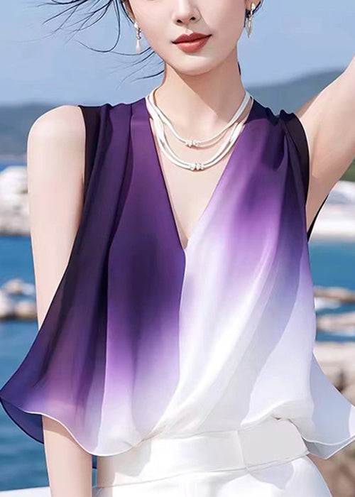 Stylish Gradient Color V Neck Patchwork Chiffon Tank Sleeveless