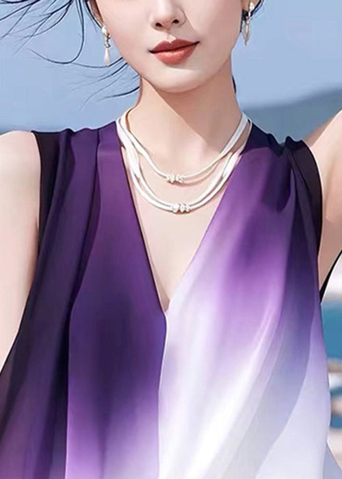 Stylish Gradient Color V Neck Patchwork Chiffon Tank Sleeveless