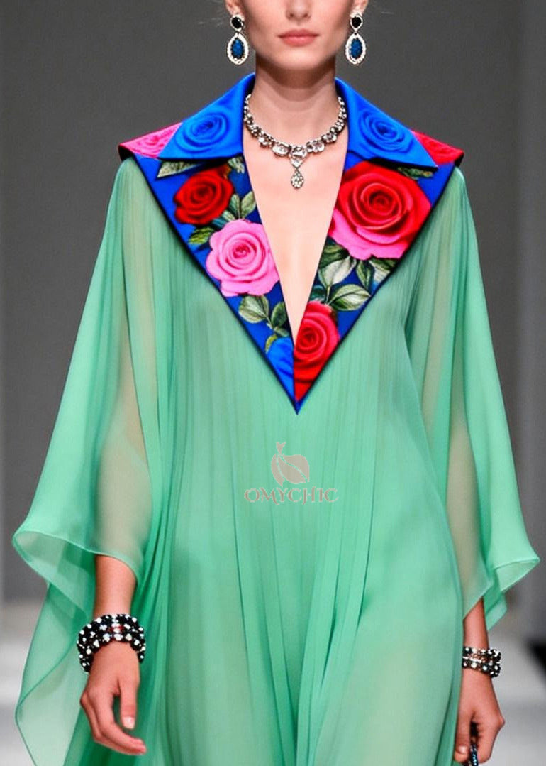 Stylish Grass Green Peter Pan Collar Patchwork Chiffon Dresses Summer