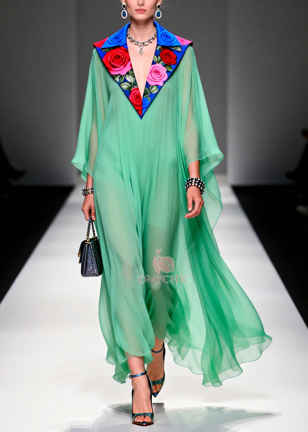 Stylish Grass Green Peter Pan Collar Patchwork Chiffon Dresses Summer