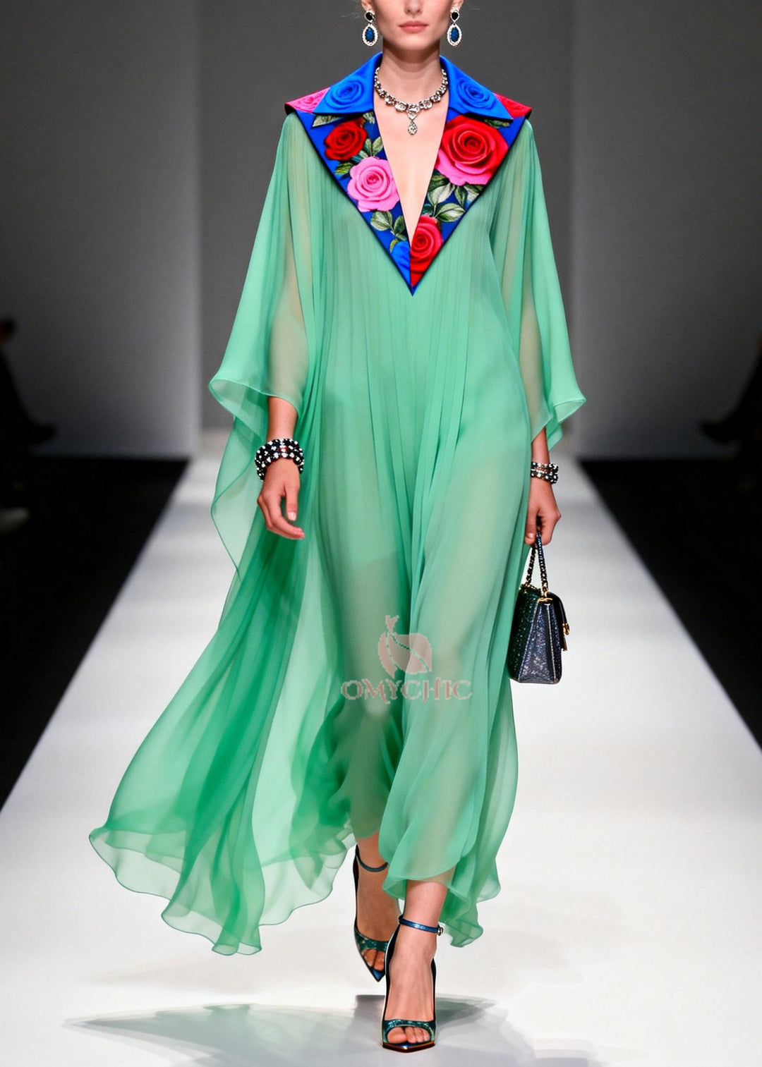 Stylish Grass Green Peter Pan Collar Patchwork Chiffon Dresses Summer