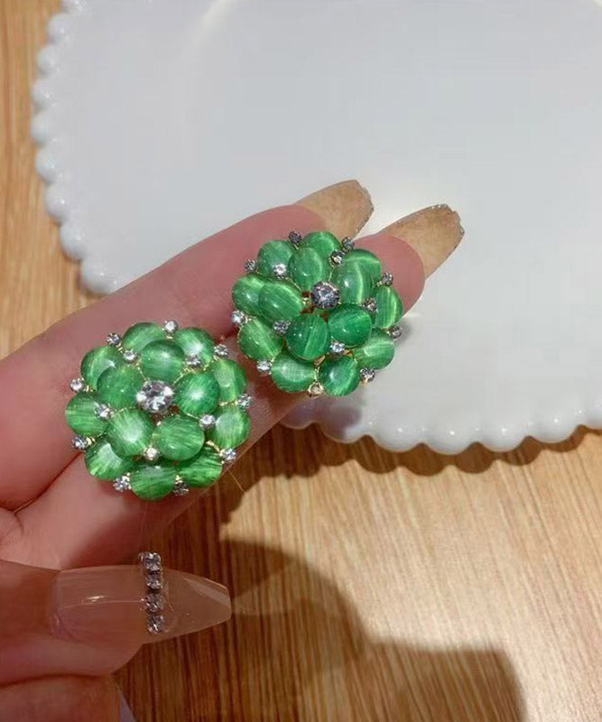 Stylish Green Alloy Zircon Floral Cat's Eye Stud Earrings