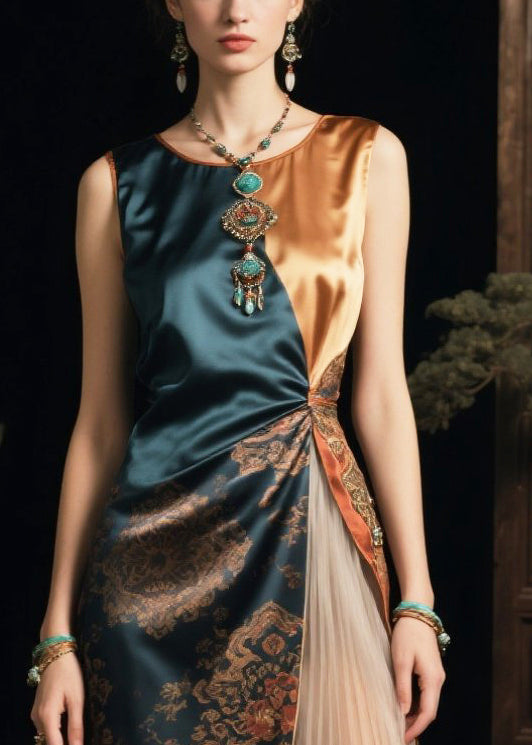 Stylish Green Asymmetrical Patchwork Side Open Silk Dresses Summer