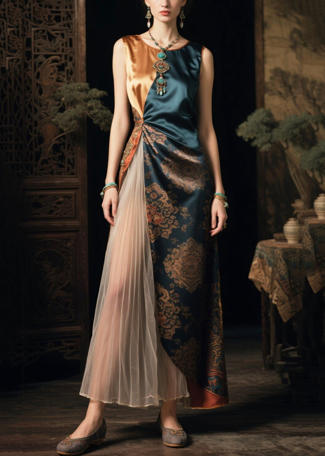 Stylish Green Asymmetrical Patchwork Side Open Silk Dresses Summer