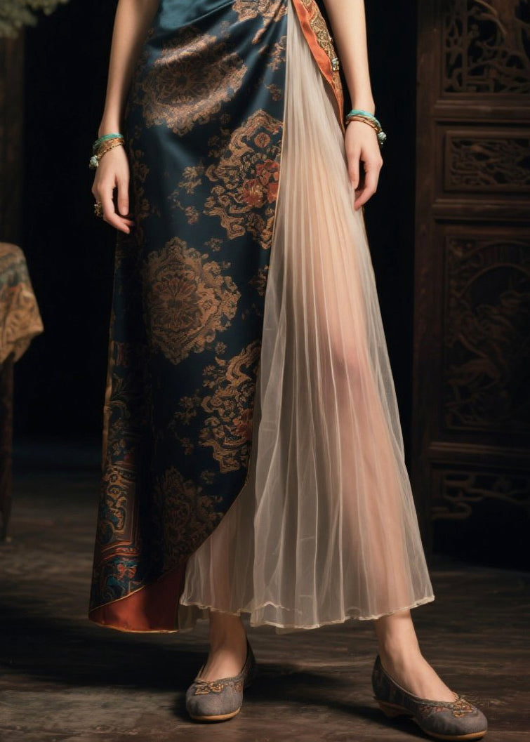 Stylish Green Asymmetrical Patchwork Side Open Silk Dresses Summer