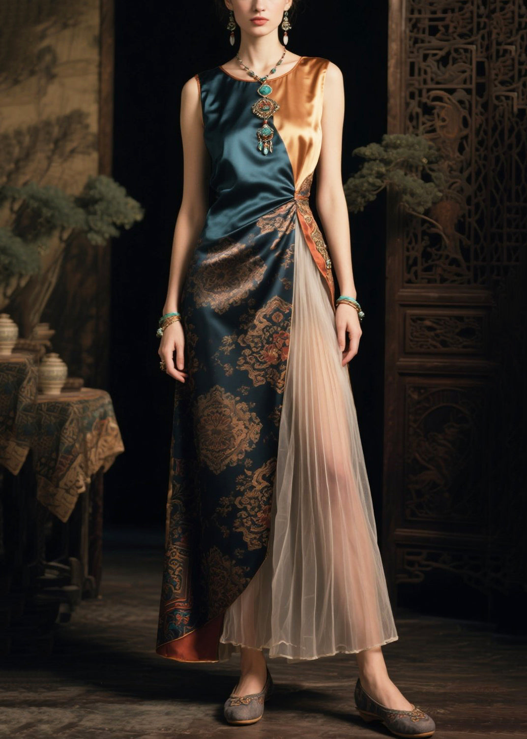 Stylish Green Asymmetrical Patchwork Side Open Silk Dresses Summer