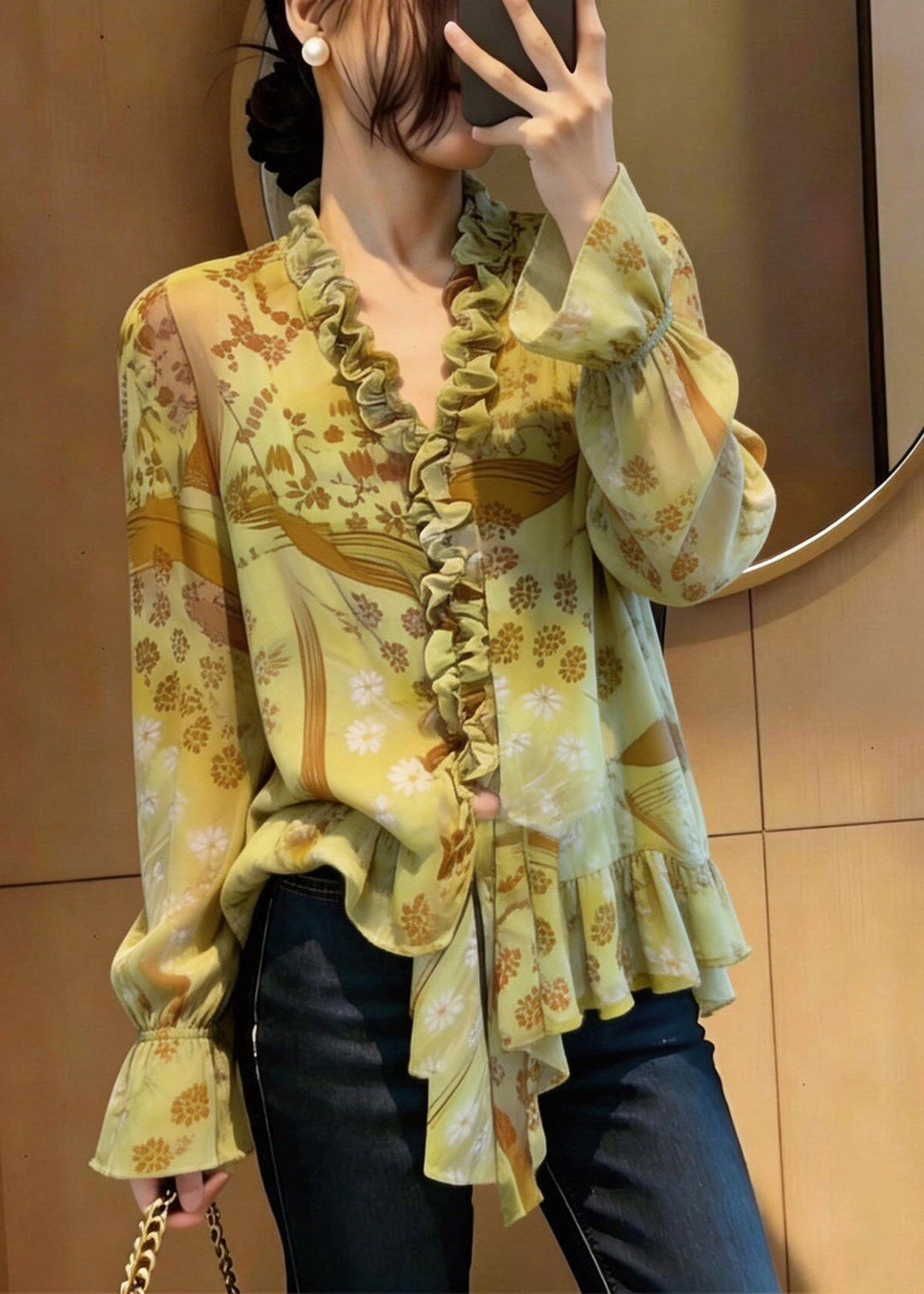 Stylish Green Asymmetrical Ruffled Patchwork Shirts Flare Sleeve