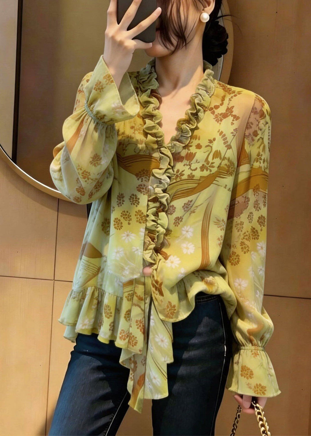 Stylish Green Asymmetrical Ruffled Patchwork Shirts Flare Sleeve
