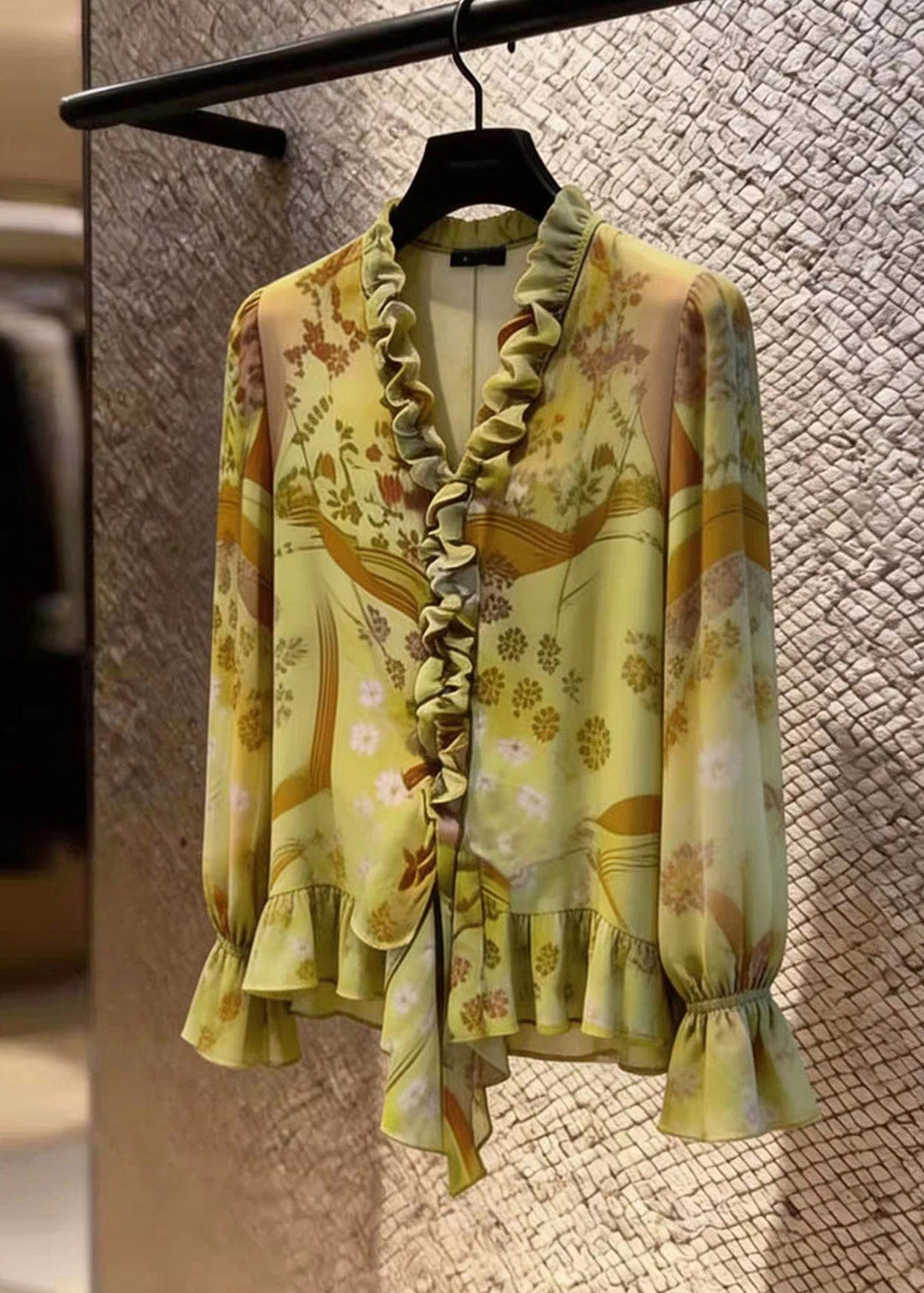 Stylish Green Asymmetrical Ruffled Patchwork Shirts Flare Sleeve