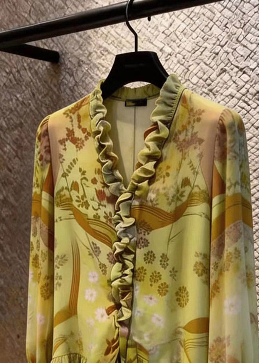 Stylish Green Asymmetrical Ruffled Patchwork Shirts Flare Sleeve