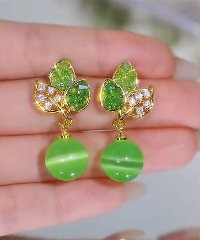 Stylish Green Copper Alloy Zircon Cat's Eye Stone Drop Earrings