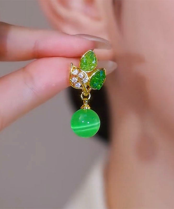 Stylish Green Copper Alloy Zircon Cat's Eye Stone Drop Earrings