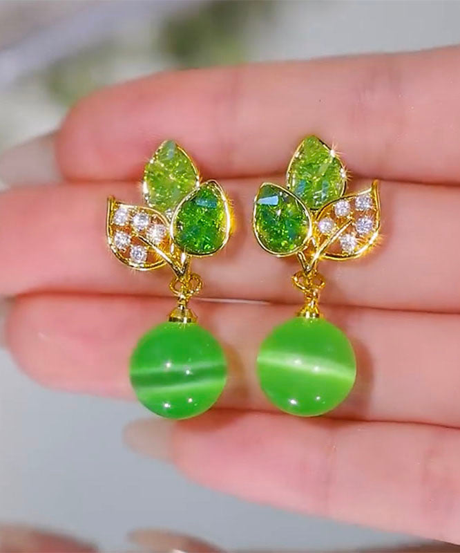 Stylish Green Copper Alloy Zircon Cat's Eye Stone Drop Earrings