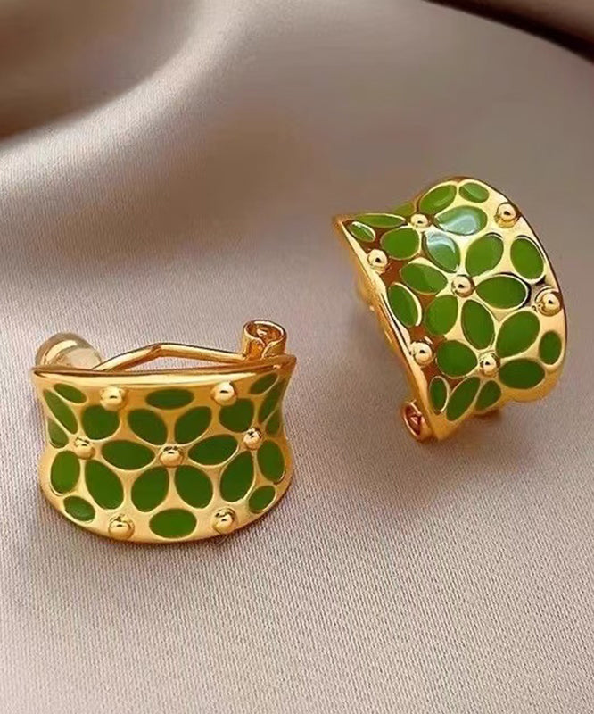 Stylish Green Copper C-Shaped Floral Hoop Earrings