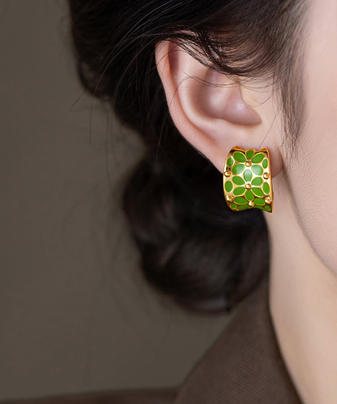 Stylish Green Copper C-Shaped Floral Hoop Earrings