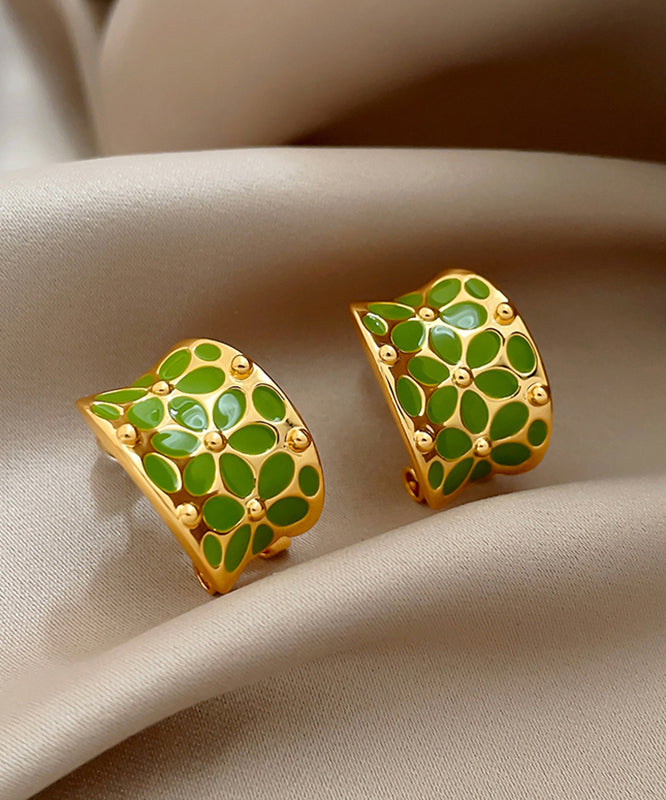 Stylish Green Copper C-Shaped Floral Hoop Earrings
