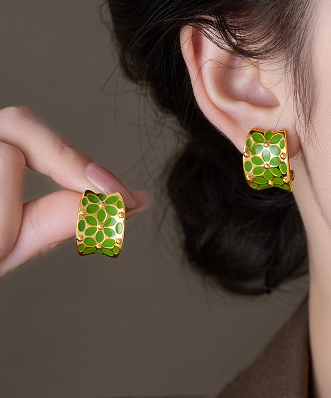 Stylish Green Copper C-Shaped Floral Hoop Earrings