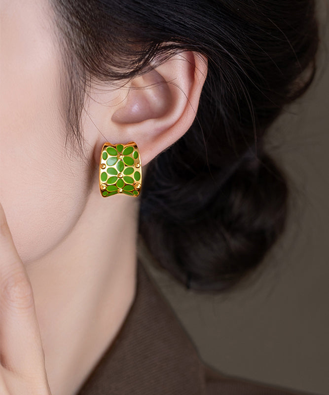 Stylish Green Copper C-Shaped Floral Hoop Earrings