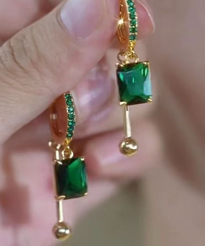 Stylish Green Copper Overgild Zircon Square Drop Earrings