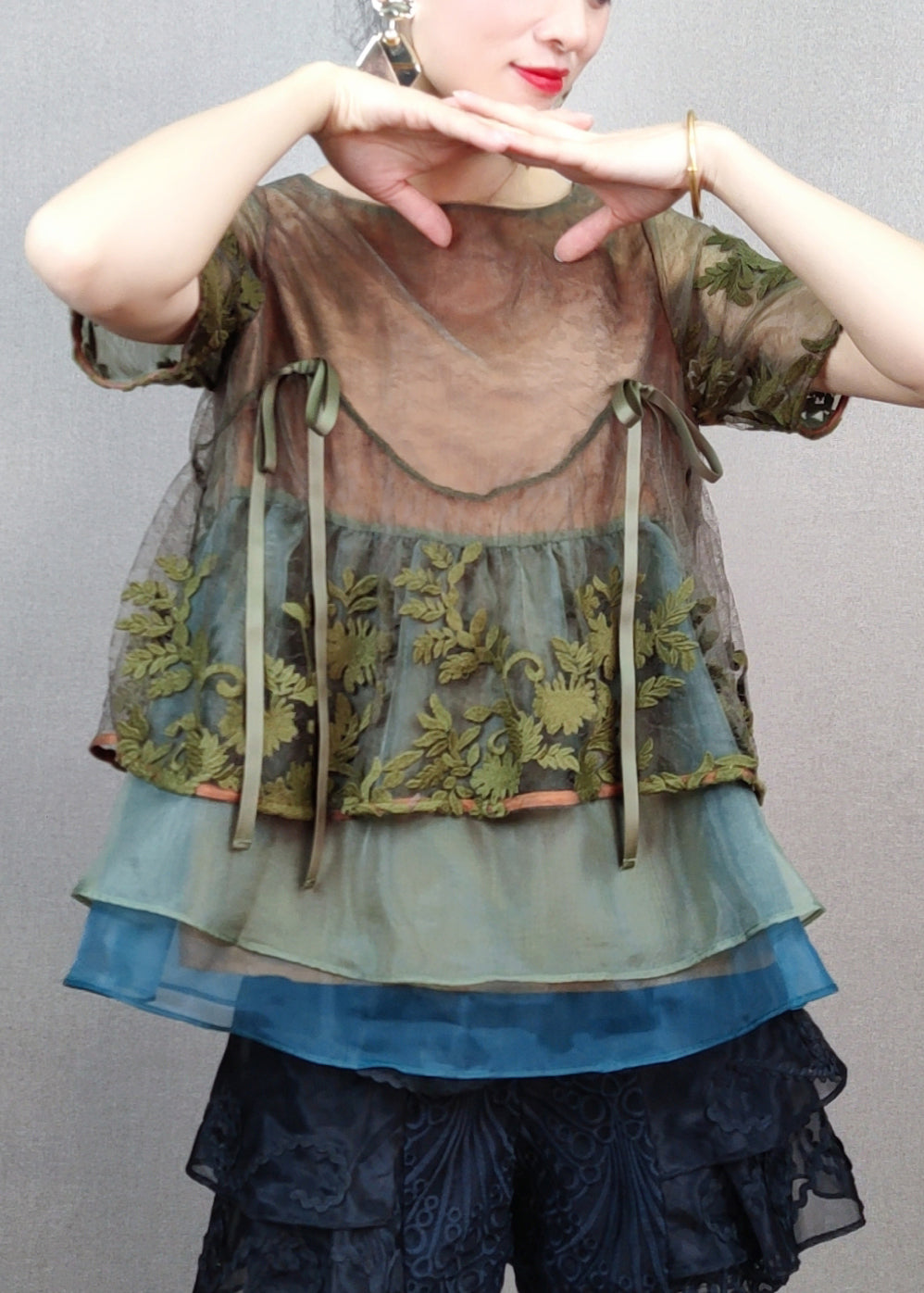 Stylish Green Embroidered Patchwork Tulle T Shirts Summer